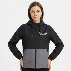 Chaqueta Cortavientos con Capucha para Hombre, Diseño Color Block Negro y Gris, Cierre Frontal con Cremallera, Logotipo, Estilo Casual, Ropa de Primavera para Exteriores - Product Image 4