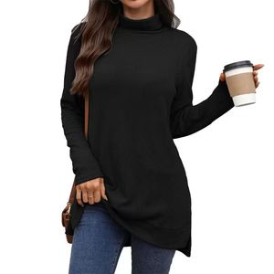 Women's Casual Long Sleeve T-Shirt Crewneck Collar Fall Side Split Solid Color 100% Merino Wool Button Diamonds Customizable - Product Image 5