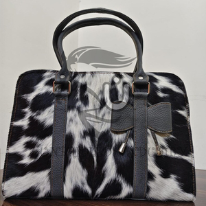 Handmade Black White Hair Handbag with Genuine Leather <b>Straps</b> & <b>Shoulder</b> Belt - Product Image 5
