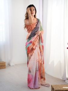 Elegant Digital Printed Chinon Saree With <b>Mirror</b> Work For Women Wedding Wear India Pakistan Style <b>Floor</b> Length Regular Fit - Product Image 2