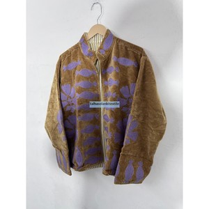 Velvet Blouson Jacket <b>Women</b> Mandarin Collar Full Sleeve Floral Print Autumn <b>Coat</b> Polyester Lining Pullover Style - Product Image 3
