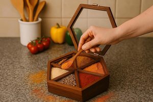 Handmade Wooden <b>Spice</b> <b>Box</b> | Hexagonal Ancient Neem Wood Masala Organizer | Artisan <b>Spice</b> Tray | Eco Friendly Kitchen Gift - Product Image 3