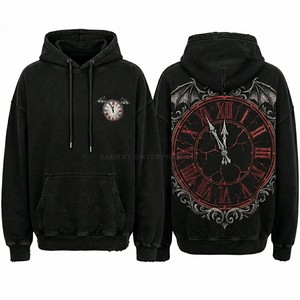 Custom <b>Black</b> Hoodie Men Vintage Distressed Bat <b>Wing</b> Clock Graphic Print Heavyweight Oversized Streetwear Hoody Manufacturer - Product Image 1
