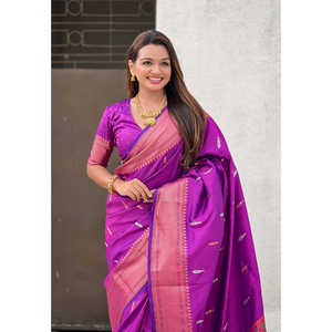 Sari Tradicional Paithani de Seda Morada Elite Weaves, 650g, Tejido Doble Zari, Ropa India y Pakistaní - Product Image 5