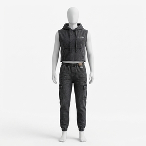 Women Denim Sleeveless Hoodie And Cargo Jogger <b>Pants</b> Set Washed Black Streetwear Two Piece Casual Outfit - Product Image 3