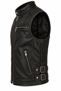 <b>Men's</b> Black PU <b>Leather</b> Moto <b>Vest</b> Stand Collar Zipper Closure Solid Color Plus Size Outerwear Regular Fit - Product Image 4