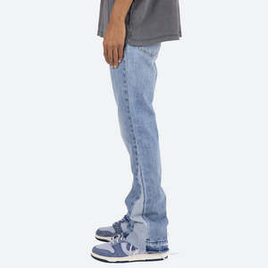 Vente en gros de jeans évasés empilés personnalisés pour hommes, style hip-hop streetwear, taille haute, unis, délavés, amples, effet usé, vintage, en denim - Product Image 4