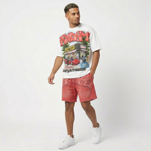 Conjunto de Verano para Hombre con Logotipo Personalizado, Camiseta Blanca con Gráficos Vintage Y2K y Pantalones Cortos Rojos, Ropa Urbana de Algodón Grueso, Conjunto Oversize - Product Image 5