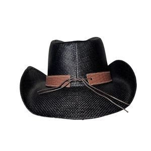 Unisex Black Striped Cowboy <b>Hat</b> with Brown Leather <b>Band</b> Casual Western Style Adult Summer 48-50cm Beach - Product Image 5
