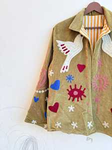 Suzani Embroidered <b>Quilted</b> <b>Jacket</b> Reversible Eco-Friendly Breathable Cotton Viscose Blend Floral <b>Pattern</b> Belt Closure Regular - Product Image 3