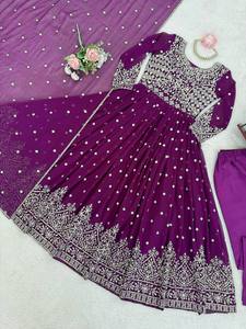<b>Wine</b> Georgette Embroidered Anarkali Gown & Bottom with Dupatta | Elegant Festive Wear for Women - Product Image 5