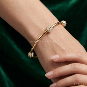 Luxury Lab Grown Brilliant Cut Diamond Sphere <b>Bangle</b> Bracelet for Women IGI Certified Diamonds 9KT 10KT 14KT 18KT <b>Gold</b> Plated - Product Image 5