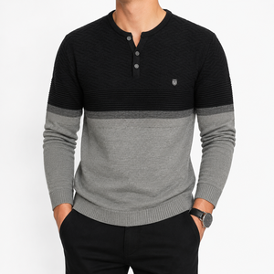 Men's Henley Neck Button Color <b>Block</b> Long Sleeve Casual Viscose <b>Acrylic</b> Blend Sweater | OEM ODM Manufacturer Bangladesh - Product Image 1