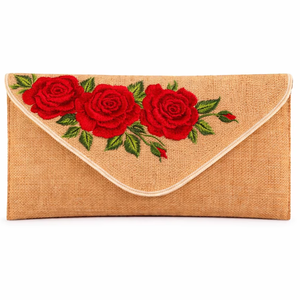 Elegante Bolso de Mano Tipo Sobre de Yute con Bordado de Rosa Roja, Ecológico, para la Noche, para Mujer - Product Image 1