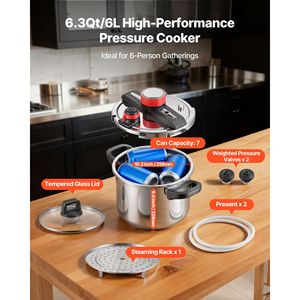 Pentola a Pressione in Acciaio Inox da 6,3 Litri con Coperchio in Vetro Temperato e Griglia per Cottura a Vapore, Compatibile con Fornelli a Induzione - Product Image 4