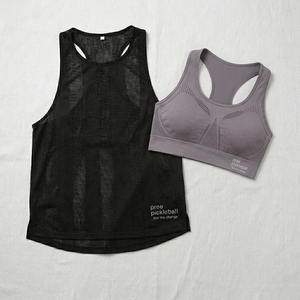Pickleball athletic Seamless Sports <b>Bra</b> and Mesh Overlay Tank combo Compression Under Bust Band Women's pickleball clothing set - Product Image 1