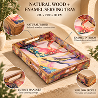 Plateau de service en bois naturel émaillé |   Plateau de table décoratif multicolore à motif abstrait avec poignées découpées pour la cuisine
