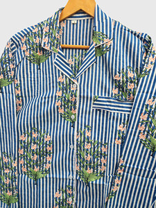 Conjunto de Pijama Floral a Rayas Azules para Mujer, Camiseta de Manga Larga, Pantalones Largos, Ropa de Dormir de Algodón y Lino - Product Image 6
