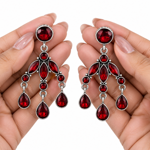 Wholesale Oxidized Silver Fashion Dangle <b>Earrings</b> Red Gemstone Chandelier Drop <b>Earrings</b> for Women - Product Image 3