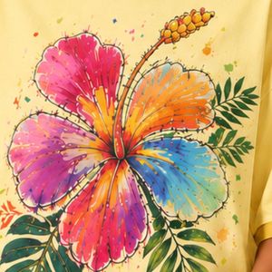 เสื้อยืดโอเวอร์ไซส์สีเหลืองพาสเทลสำหรับผู้หญิง พิมพ์ลายดอกชบาสีสันสดใส เสื้อยืดลำลองผ้าฝ้ายสำหรับฤดูร้อน รับผลิตตามสั่ง (OEM) ขายส่ง - Product Image 6