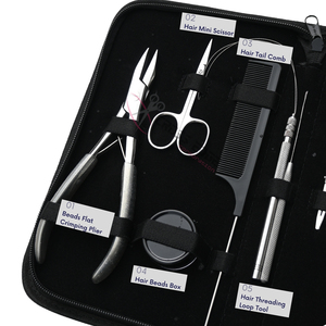 High Quality Silver Salon Hair Extension Tool Kit with 7 In Flat Crimping Plier Loop Tool Pulling <b>Hook</b> Curved Needles Beads Box - Product Image 3