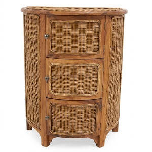 Mesa de Noche Tradicional de Madera de Teca con Mimbre Natural Tejido, Mesa Auxiliar de 3 Cajones para Almacenamiento, Mueble para Dormitorio, Sala de Estar u Hospital - Product Image 1