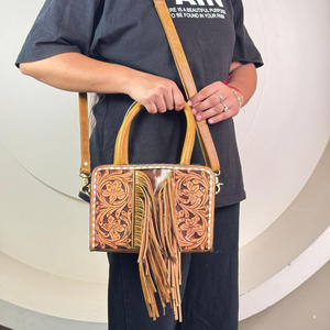 Premium Quality 2025 <b>Hand</b> Tooled Cowhide Leather <b>Mini</b> Tote Bag Fringe Adjustable Crossbody Strap Shoulder Handbag for Women's - Product Image 4