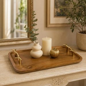 <b>Decorative</b> Acacia Wooden Tray with Gold Aluminium Handles Serving Tray for Tea Coffee Snacks Home <b>Kitchen</b> <b>Decor</b> - Product Image 4