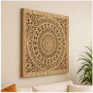Décoration murale carrée en bois de manguier, mandala floral, style bohème, sculpture suspendue faite à la main - Product Image 3