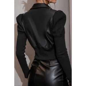 Ensemble deux pièces hybride Racer-Knit en matériaux mixtes : Bomber et mini-ensemble à lacets, jupe motard taille haute en similicuir - Product Image 3