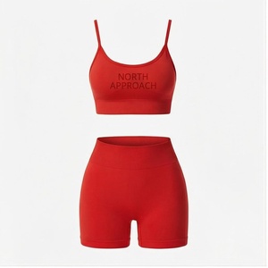 Ensemble de yoga 2 pièces North Approach, rouge, haut court à bretelles spaghetti, short taille haute, vêtements de sport respirants sans couture - Product Image 1