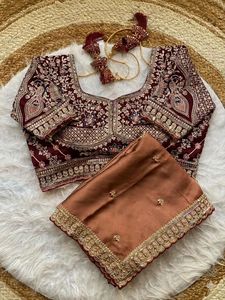 Sari en soie Georgette traditionnel indien avec broderie pour femmes, tenue élégante pour mariage et fêtes - Product Image 5