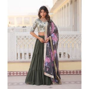 Femmes entièrement évasées Lehenga Faux Georgette paillettes brodé Blouse Designer numérique imprimé pour mariage indien pakistanais - Product Image 1