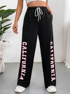 <b>Black</b> Wide Leg Pants <b>With</b> California Side Print Drawstring Waist Casual Loose Fit Full Length Knitted Polyester - Product Image 5