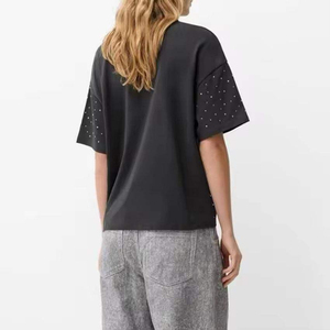 Custom <b>Rhinestone</b> Oversized Black T Shirt Women Loose Fit Cotton Tee Fashion Streetwear Casual <b>Top</b> Wholesale - Product Image 3
