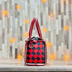 Luxury Genuine Leather <b>Medium</b> Size Speedy <b>Handbag</b> Red Black Checkerboard Floral Embroidery Lightweight Large Capacity Travel - Product Image 3