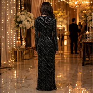 Vestido de Noche Negro de Lentejuelas para Mujer, Elegante, con Cuello en V |   Vestido Largo de Manga Larga, Diseño Premium, para Fiestas, Bodas y Recepciones - Product Image 4