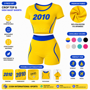 ชุดเซ็ตเสื้อครอปแขนสั้นกับกางเกงขาสั้นเอวสูงพิมพ์ลายสีเหลืองน้ำเงินสไตล์สปอร์ต 2 ชิ้น ของ Cosh International Sorority Sisterhood - Product Image 6