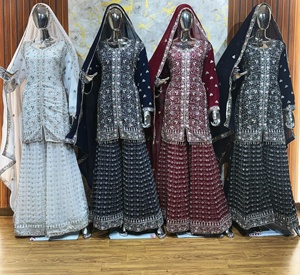 "Lujo Rasbery Russian Plazo Gharara Front & Back Kashmiri Bordado, Zarkan Stones, Heavy Dupatta (4-Piece Wholesale Set)" - Product Image 3