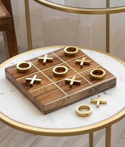 <b>Wooden</b> Tic Tac Toe Game Board With Brass X And O Pieces Minimalist Home Decor Square Design Handcrafted Artisan <b>Craft</b> - Product Image 1