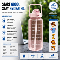 Bouteille d'eau classique en plastique écologique de 2000 ml avec marqueur de temps et bouchon à paille, réutilisable, pour le suivi de l'hydratation, camping et usage quotidien