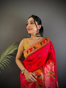 <b>Red</b> <b>Silk</b> Paithani Saree Zari Woven Floral Sari for Wedding Party Festival Wear - Product Image 1