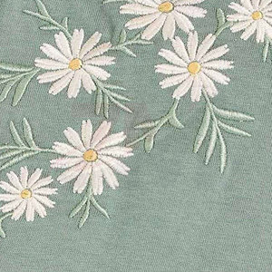 T-shirt pour femme à broderie florale verte, manches courtes, col rond, coupe ample, décontracté, 100% coton, haut pour le printemps et l'été - Product Image 5