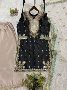 Conjunto de 3 piezas de kurta recta color crema de moda, traje palazzo, ropa india y pakistaní para bodas y fiestas, salwar kameez de seda, ropa festiva elegante. - Product Image 3