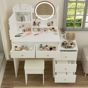 Fashionable Wood Bedroom Dressing Vanity Desk with Cushioned Chair 3 Color <b>Mirror</b> Lights for <b>Makeup</b> - Product Image 1