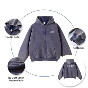 Sudadera con capucha para hombre, lavada con índigo, de algodón de 450 GSM, con cremallera, corte holgado y extragrande, estilo streetwear con lavado ácido. - Product Image 2