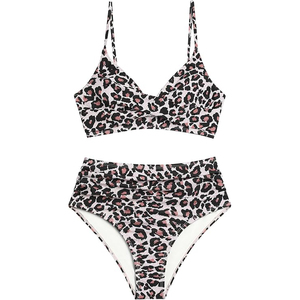 Women Leopard Print <b>Bikini</b> <b>Set</b> Crossed Halter Top High Waist Bottom Two Piece Swimwear Stretch Fabric - Product Image 4