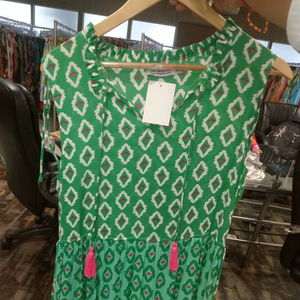 100% Cotton Green Ikat Print <b>Boho</b> Summer Kurti Sleeveless Stretchable Loose Fit Tassel Tie Casual Resort Wear V-Neck Dresses - Product Image 1