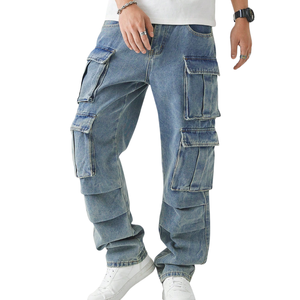 Pantalones Cargo de Mezclilla Casuales para Hombre, Corte Regular, Multibolsillos, Detalle de Botones, Lavado Medio, Secado Rápido, Transpirables, 100% Algodón, Peso Medio - Product Image 3