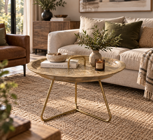Modern Round <b>Wood</b> <b>Coffee</b> <b>Table</b> with Gold Metal <b>Legs</b> Contemporary Living Room Furniture Handmade Design - Product Image 1